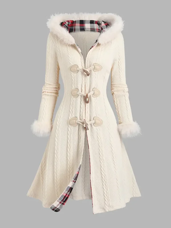 Women'S Y2K Style Plaid Knit Hooded Coat, 100% Polyester, Color Block, Long Length with Cow Horn Buttons, Fall/Winter Warm Knitwear - Image 2