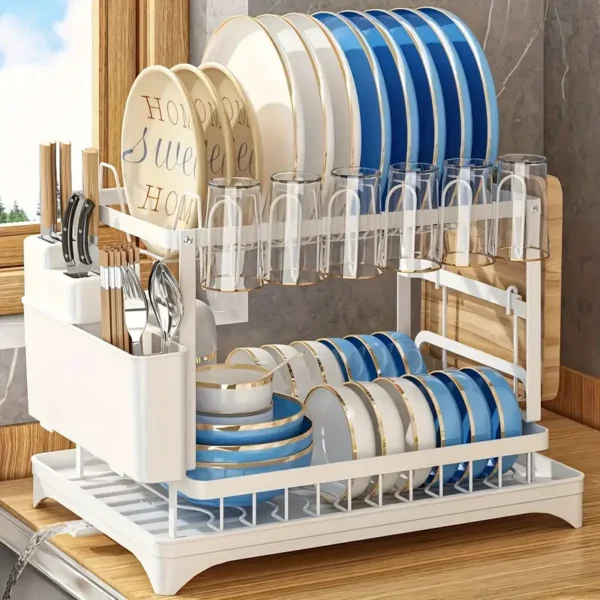 2 Layers Dish Drain Rack For Kitchen Countertop Golden Type Dish Drain Rack With Knife Cup Cutlery Rack, Suitable For Bowl Chopsticks Retail Store Display - Image 2