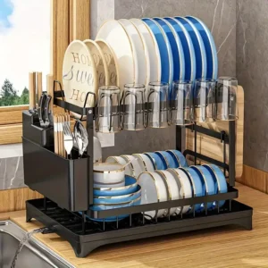 2 Layers Dish Drain Rack For Kitchen Countertop Golden Type Dish Drain Rack With Knife Cup Cutlery Rack, Suitable For Bowl Chopsticks Retail Store Display