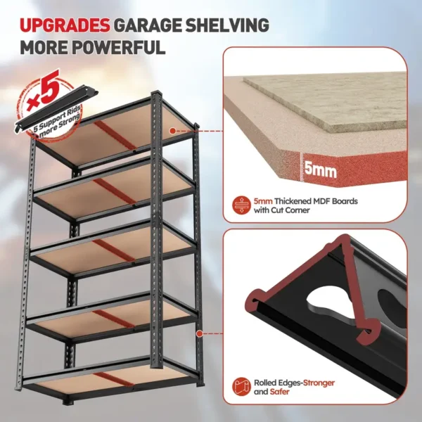 2000LBS Garage Shelving 72''H Storage Shelves Heavy Duty Shelving 5 Tier Metal Shelves For Garage Shelves 35.5"W X72"H X 15.8"D, Galvanized Adjustable Shelving Unit For Basement Pantry Utility Rack Shelf, Garage Storage Shelves - Image 4