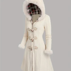 Women'S Y2K Style Plaid Knit Hooded Coat, 100% Polyester, Color Block, Long Length with Cow Horn Buttons, Fall/Winter Warm Knitwear