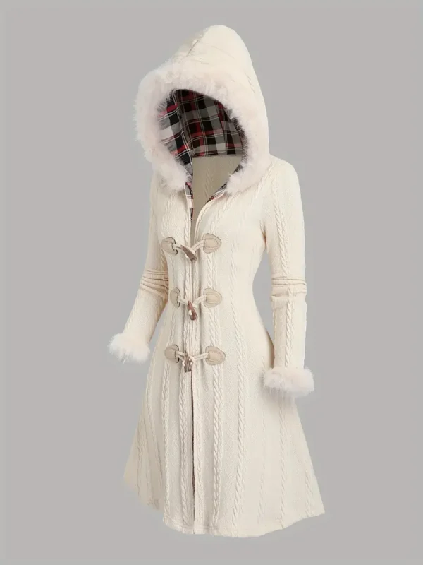 Women'S Y2K Style Plaid Knit Hooded Coat, 100% Polyester, Color Block, Long Length with Cow Horn Buttons, Fall/Winter Warm Knitwear