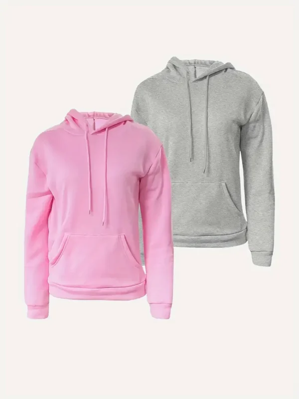 2 Pack Solid Drawstring Hoodie, Casual Long Sleeve Hooded Sweatshirt With Kangaroo Pocket For Fall & Winter, Women's Clothing - Image 2