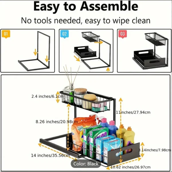 2 Tier Under Sink Organizers And Storage, Under Sink Organizer, Slide Out Pull Out Cabinet Organizer Shelf, Metal Sliding Drawer For Kitchen Bathroom Pantry Cabinet Closet Organization Rack - Image 3