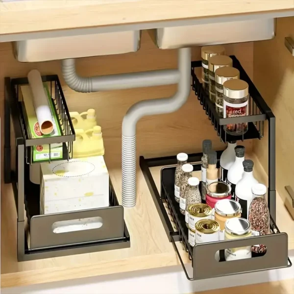 2 Tier Under Sink Organizers And Storage, Under Sink Organizer, Slide Out Pull Out Cabinet Organizer Shelf, Metal Sliding Drawer For Kitchen Bathroom Pantry Cabinet Closet Organization Rack - Image 2