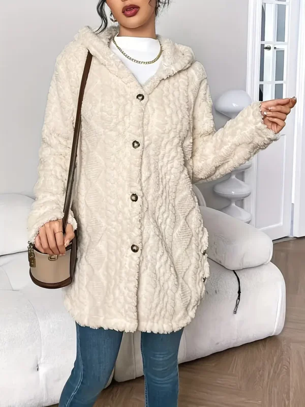 Elegant Beige Quilted Faux Fur Hooded Cardigan - Cozy Long Sleeve, Button Front Outerwear with Diamond Pattern, Perfect for Fall/Winter, Machine Washable - Image 5
