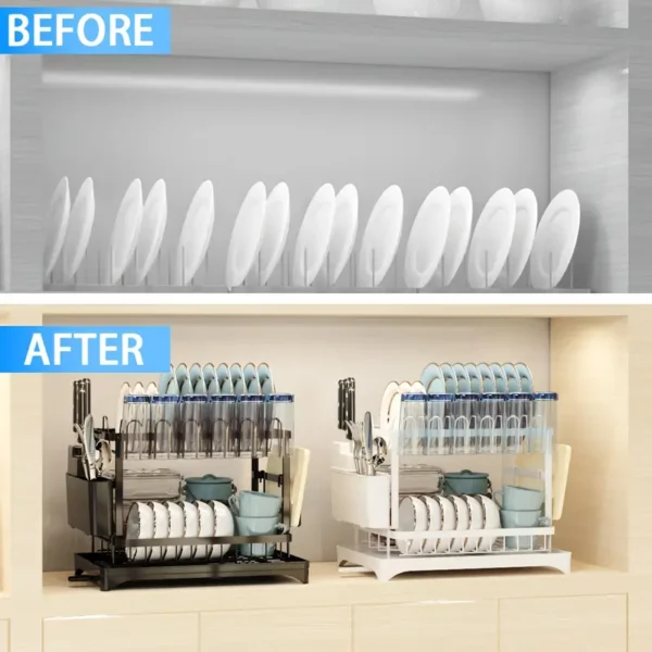 2 Layers Dish Drain Rack For Kitchen Countertop Golden Type Dish Drain Rack With Knife Cup Cutlery Rack, Suitable For Bowl Chopsticks Retail Store Display - Image 6