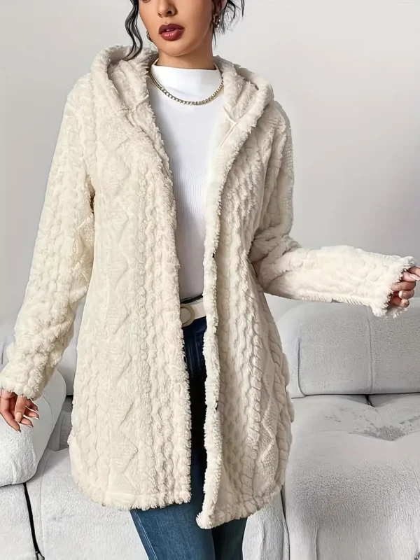 Elegant Beige Quilted Faux Fur Hooded Cardigan - Cozy Long Sleeve, Button Front Outerwear with Diamond Pattern, Perfect for Fall/Winter, Machine Washable - Image 4