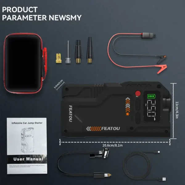 5000A Peak Jump Starter with Air Compressor, 150PSI Digital Tire Inflator, Portable Car Battery Charger for 10.L Gas or 2.38gal Diesel Engines, QC18W Fast Charging, USB Output, LED Emergency Lighting, 5in 1 Function, Jump Box, Battery Pack - Image 6