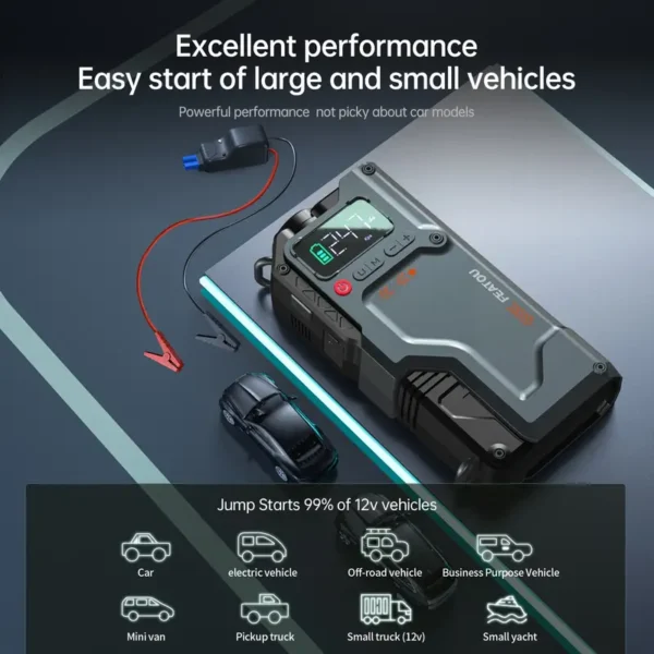 5000A Peak Jump Starter with Air Compressor, 150PSI Digital Tire Inflator, Portable Car Battery Charger for 10.L Gas or 2.38gal Diesel Engines, QC18W Fast Charging, USB Output, LED Emergency Lighting, 5in 1 Function, Jump Box, Battery Pack - Image 2