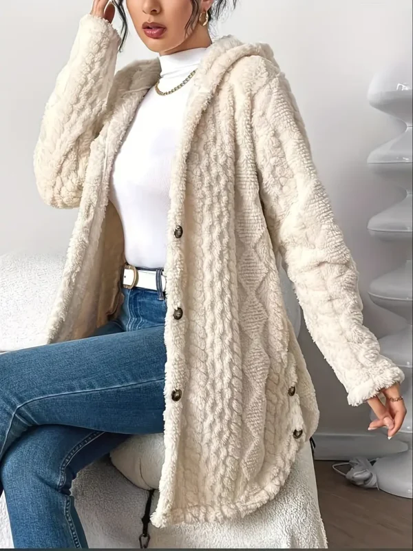 Elegant Beige Quilted Faux Fur Hooded Cardigan - Cozy Long Sleeve, Button Front Outerwear with Diamond Pattern, Perfect for Fall/Winter, Machine Washable - Image 3