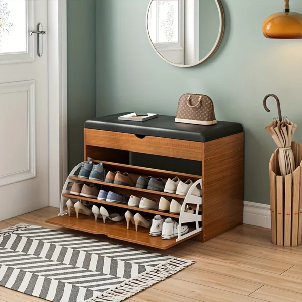 Wood Shoe Bench with Cushioned Seat, Three-Tier Footwear Rack, and Storage Cabinet - Ideal for Bedroom or Entryway, Multi-Compartment Design, Shoes Organizer Storage