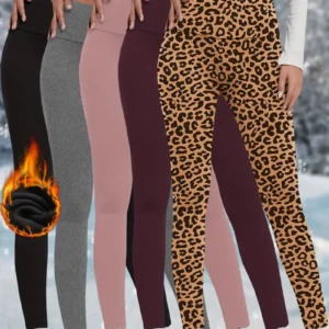 5-Pack Women'S High-Waisted Thermal Leggings, 92% Polyester 8% Spandex, Solid Color, Long Skinny Yoga Pants, Knit Fabric, 190g/m², Stretchy Workout Tights for Fall/Winter Sports