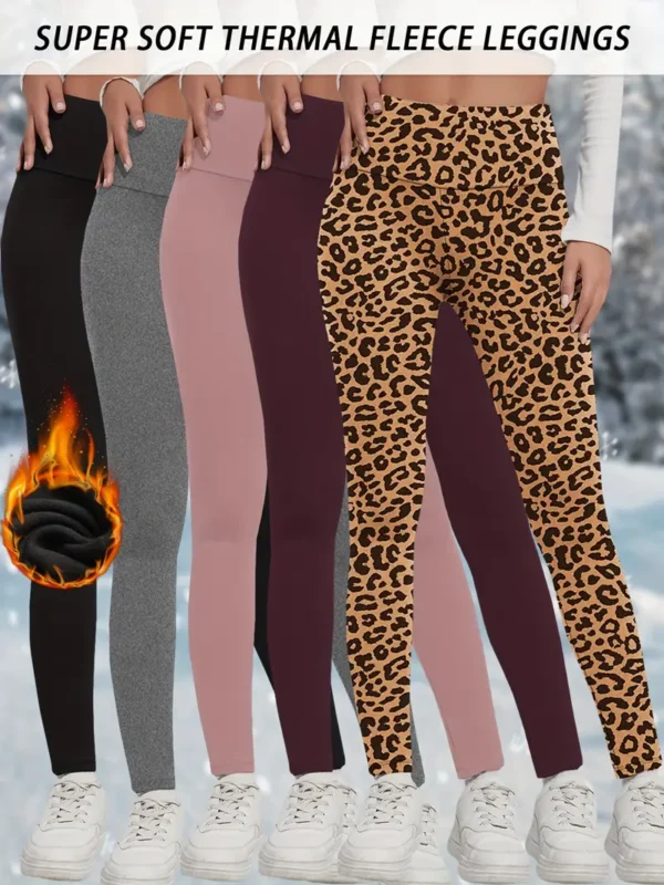 5-Pack Women'S High-Waisted Thermal Leggings, 92% Polyester 8% Spandex, Solid Color, Long Skinny Yoga Pants, Knit Fabric, 190g/m², Stretchy Workout Tights for Fall/Winter Sports