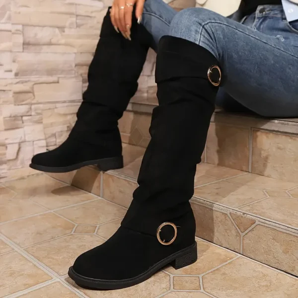 Women's Trendy Boots, Buckle Belt Pull On Chunky Heel High Knee Boots, Winter Round Toe Slouchy Boots - Image 2