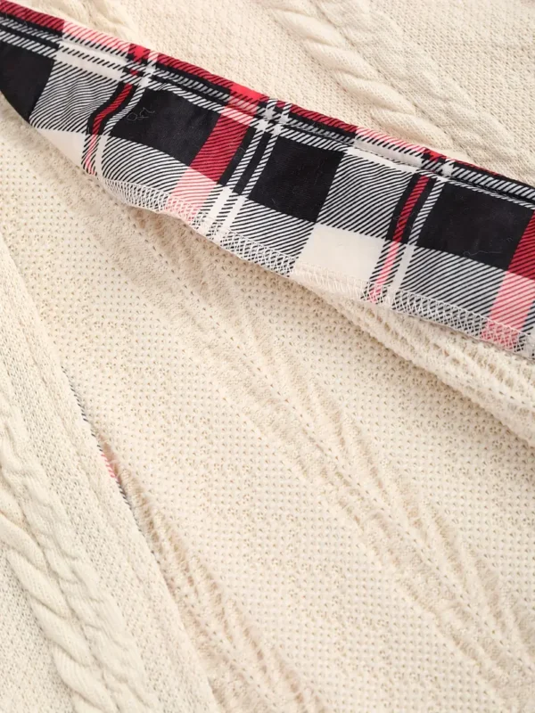 Women'S Y2K Style Plaid Knit Hooded Coat, 100% Polyester, Color Block, Long Length with Cow Horn Buttons, Fall/Winter Warm Knitwear - Image 4
