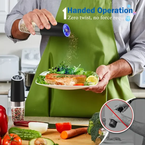 Gravity Electric Salt And Pepper Grinder 1Pcs/2Pcs, Battery Powered LED Light One Hand Automatic Operation, Adjustable Coarseness Mill Grinders Shakers Black, Kitchen Gadgets Gift Ideas - Image 5