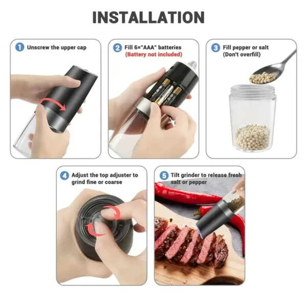 Gravity Electric Salt And Pepper Grinder 1Pcs/2Pcs, Battery Powered LED Light One Hand Automatic Operation, Adjustable Coarseness Mill Grinders Shakers Black, Kitchen Gadgets Gift Ideas - Image 3