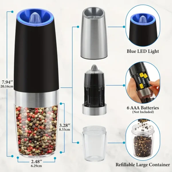 Gravity Electric Salt And Pepper Grinder 1Pcs/2Pcs, Battery Powered LED Light One Hand Automatic Operation, Adjustable Coarseness Mill Grinders Shakers Black, Kitchen Gadgets Gift Ideas - Image 2