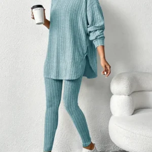 Cozy Ribbed Two-Piece Set - Soft Casual Long Sleeve Hooded Top with Drawstring and Skinny Pants Outfits - Comfortable Women's Clothing for Everyday Wear