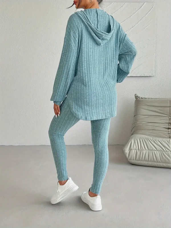 Cozy Ribbed Two-Piece Set - Soft Casual Long Sleeve Hooded Top with Drawstring and Skinny Pants Outfits - Comfortable Women's Clothing for Everyday Wear - Image 2
