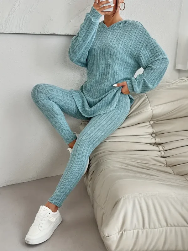 Cozy Ribbed Two-Piece Set - Soft Casual Long Sleeve Hooded Top with Drawstring and Skinny Pants Outfits - Comfortable Women's Clothing for Everyday Wear - Image 4