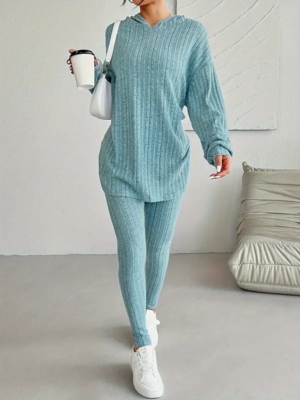 Cozy Ribbed Two-Piece Set - Soft Casual Long Sleeve Hooded Top with Drawstring and Skinny Pants Outfits - Comfortable Women's Clothing for Everyday Wear - Image 3