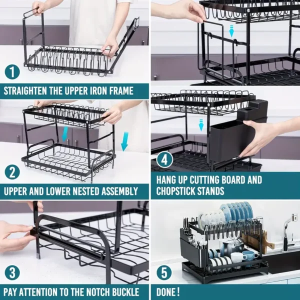 2 Layers Dish Drain Rack For Kitchen Countertop Golden Type Dish Drain Rack With Knife Cup Cutlery Rack, Suitable For Bowl Chopsticks Retail Store Display - Image 5