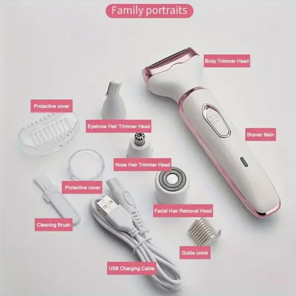 4 In 1 Women's Electric Hair Remover/Women's Multi-Function Electric Hair Remover Set/Women's Bikini Trimmer/USB Rechargeable/Hair Remover for Pubic Hair, Eyebrows, Nose, Face, Legs, / Portable, Gentle, Women's Gift, Mother's Day Gift - Image 4
