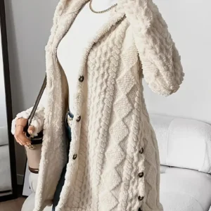 Elegant Beige Quilted Faux Fur Hooded Cardigan - Cozy Long Sleeve, Button Front Outerwear with Diamond Pattern, Perfect for Fall/Winter, Machine Washable