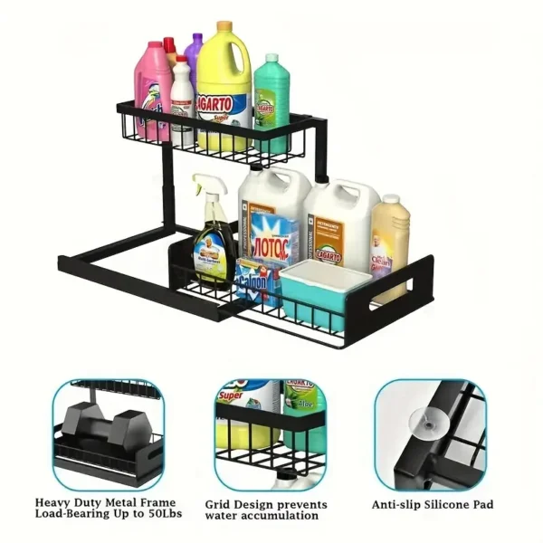 Under Sink Organizer, Pull Out Cabinet Organizer 2 Tier Slide Out Sink Shelf Cabinet Storage Shelves, Under Sink Storage for Kitchen Bathroom Cabinet - Image 3