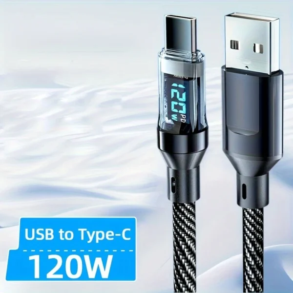120W Super Fast Charging USB A to Type-C Cable with LED Digital Display, Matte Finish, Data Sync, USB Power Delivery, 6A High Current, Compatible with iPhone 15/16, Xiaomi, POCO, Samsung