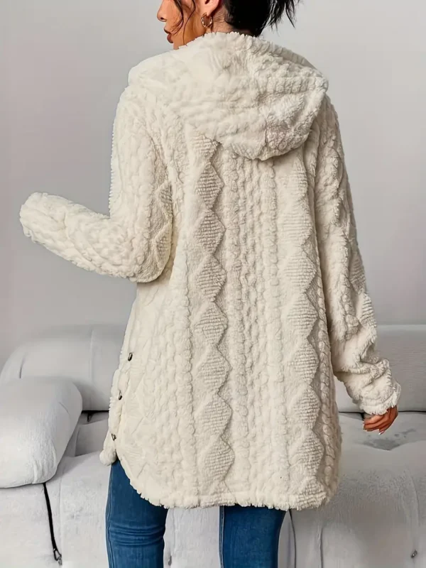 Elegant Beige Quilted Faux Fur Hooded Cardigan - Cozy Long Sleeve, Button Front Outerwear with Diamond Pattern, Perfect for Fall/Winter, Machine Washable - Image 2