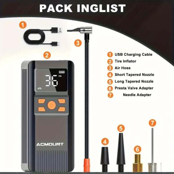 ACMOUNT Tire Inflator Portable Air Compressor, 150PSI Portable Air Pump for Car Tires, 2X Faster Inflation Cordless Tire Pump with Digital Pressure Gauge LED Light for Car, Bike, Motorcycle, Ball - Image 2